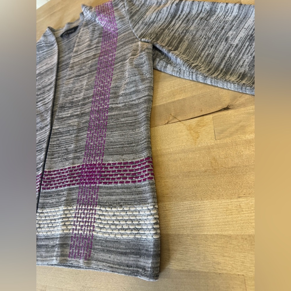 Ming Wang Women's Gray Cardigan with Purple and White Accents - Picture 3 of 10